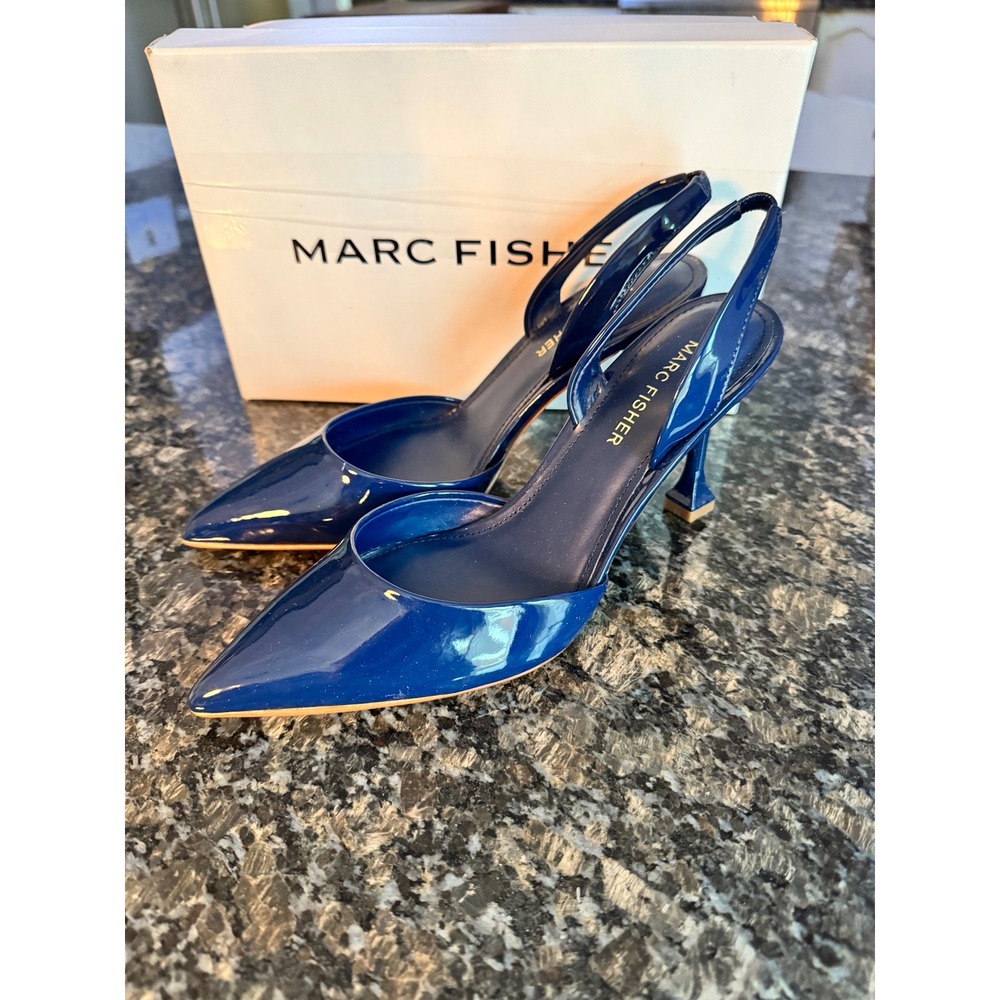 Marc Fisher‎ Hadya Dark Blue Patent Slingback Pointed Toe Pumps Heels 6.5M